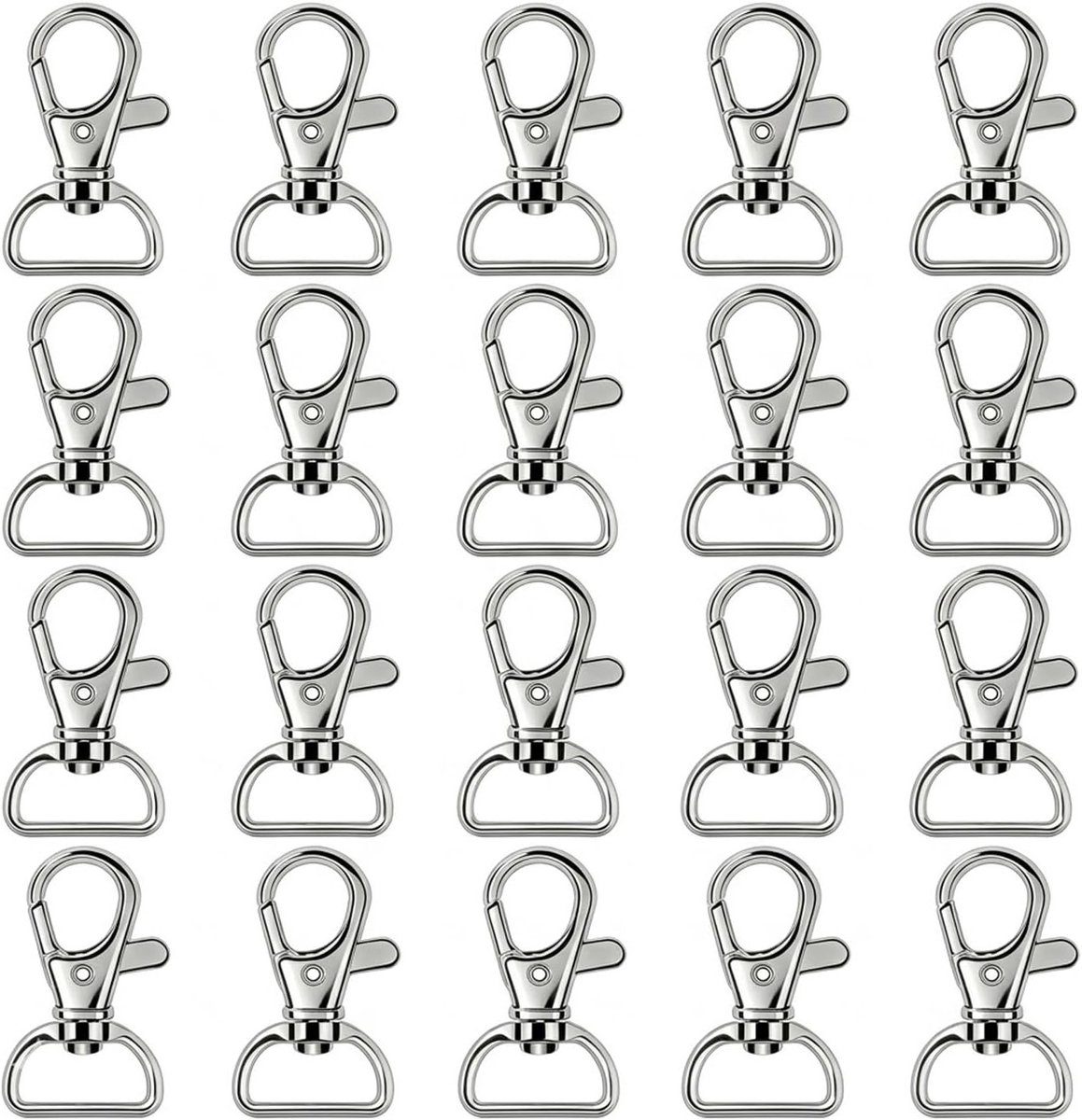 Set van 20 zilveren draaibare karabijnhaken met D-ring, 360° roterend, ideaal voor sleutels, rugzakken en handtassen, DIY-projecten