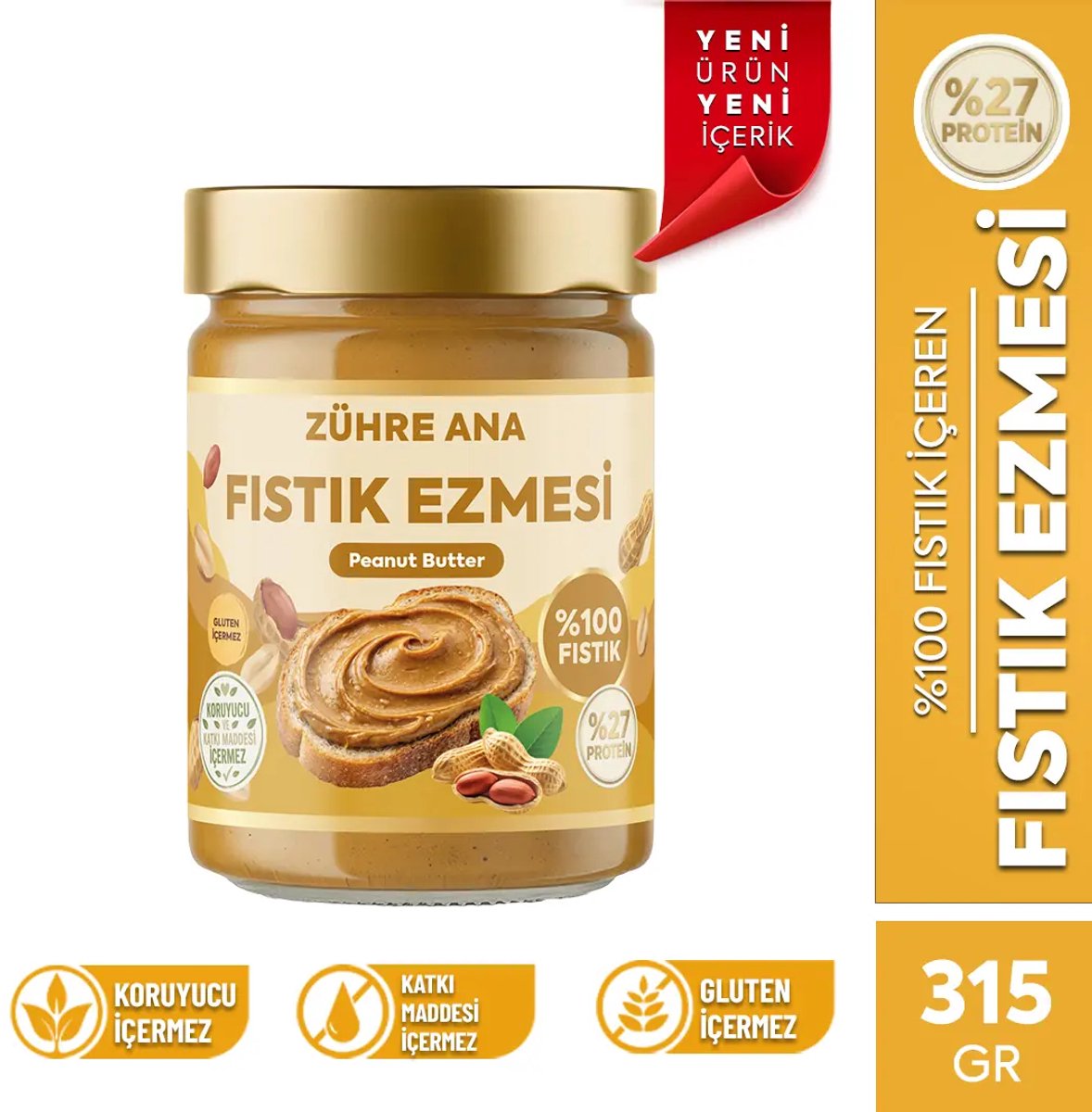 Zühre Ana 100% Pindakaas Zonder Suiker 315 gr | Glutenvrij, Zonder Toevoegingen, 27% Eiwit