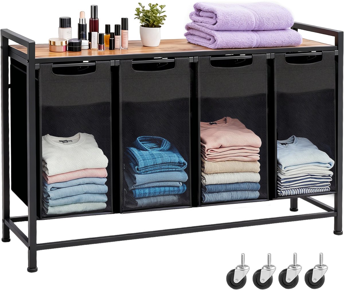 Vierdelige Wasmand 160L – 4 Wasmanden Naast Elkaar Met Metalen Frame en Opbergplank 116×33×72 cm – Wasgoed Organizer