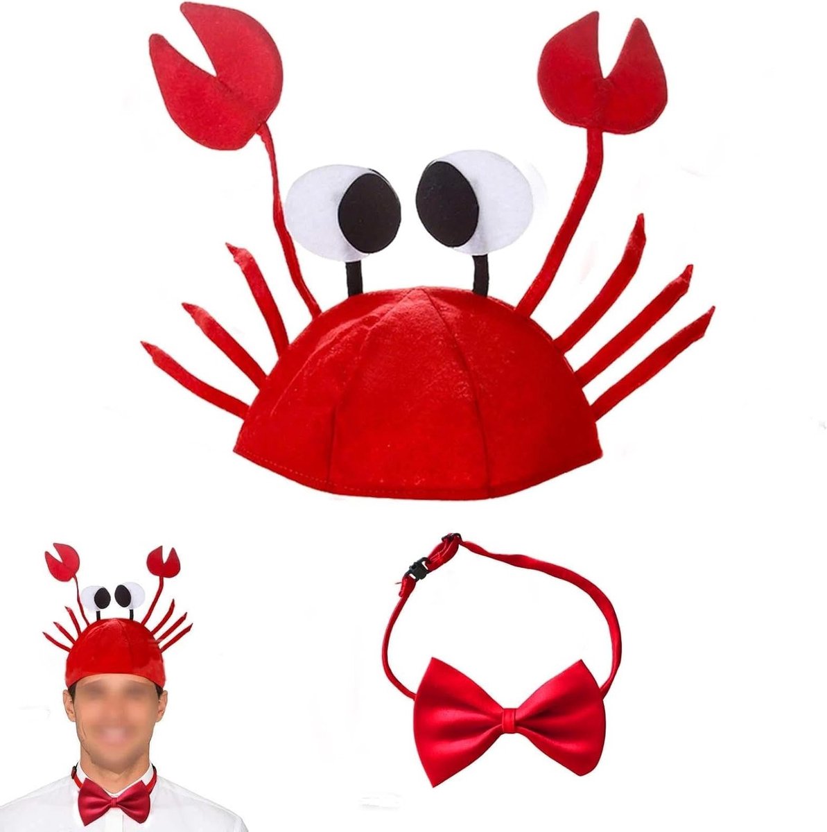 2-delige Crustacean Hoedenset, Verstelbare Rode Krab Hoed voor Kostuums, Feestelijke Hoeden en Strik voor Halloween en Carnaval
