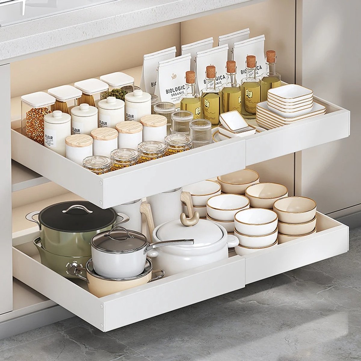 Velmio Gootsteenkast Organizer Uitschuifbaar - Keukenkast - Boorloos - Lade Organizer - 2 Laags - Keukrenrek – Wit