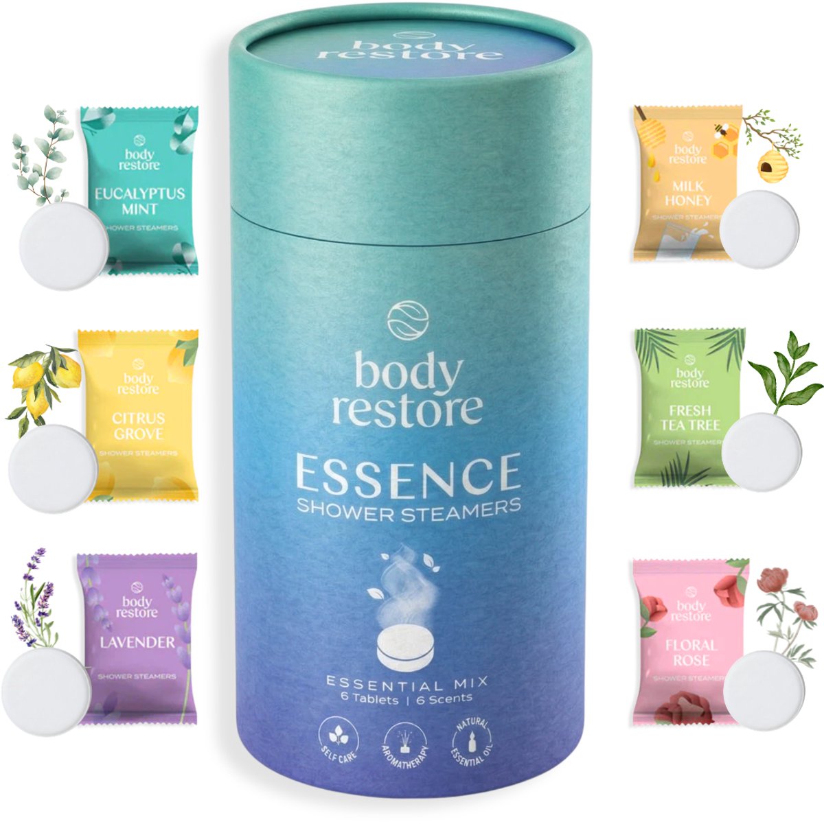 Shower Steamers Essence Mix 6-pack - Body Restore - Douche Tabletten met Etherische Oliën - Aromatherapie Douche - Wellness Cadeau