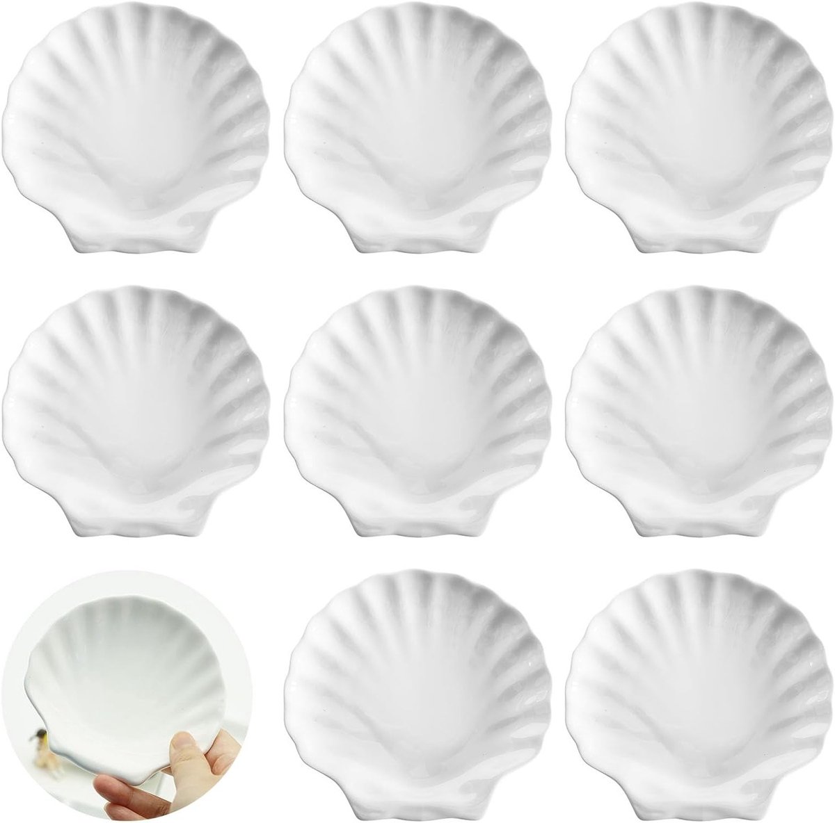 Set van 8 mini kommen in schelpvorm van keramiek voor sauzen, desserts, snacks en noten (wit)