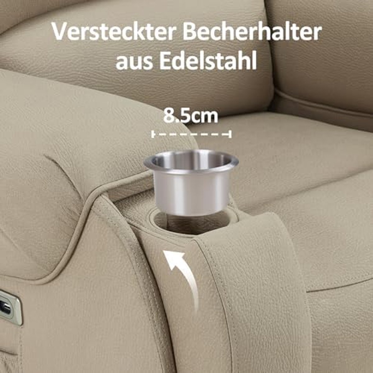 MCombo Elektrische Relaxfauteuil met Sta-op Hulp - Massage & Verwarming - 145° Ligfunctie - Verborgen Bekerhouders - Beigebruin Microvezel – foto 4