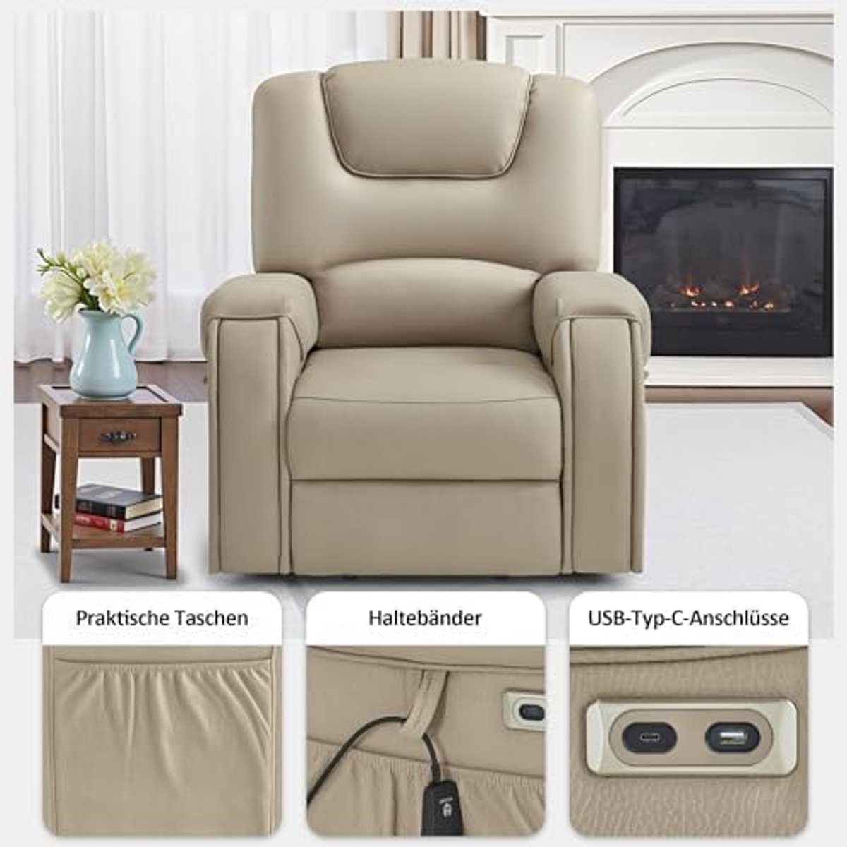 MCombo Elektrische Relaxfauteuil met Sta-op Hulp - Massage & Verwarming - 145° Ligfunctie - Verborgen Bekerhouders - Beigebruin Microvezel – foto 6