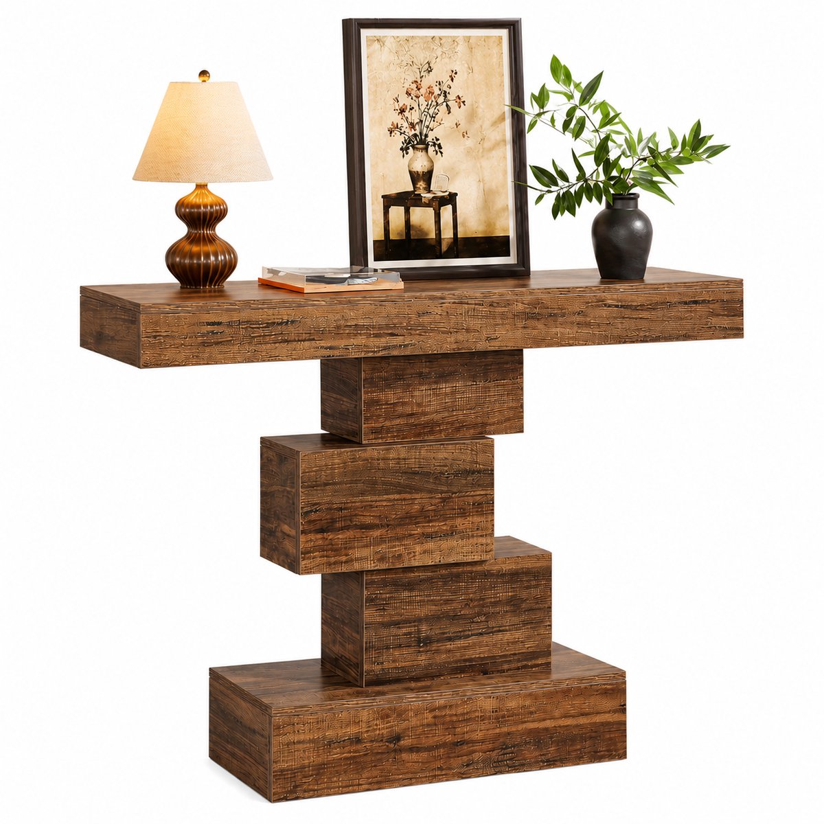 CINK Living® Industriële Sidetable - Smalle Consoletafel met Geometrisch Design - Haltafel voor Woonkamer & Entree - Houtlook Bruin - 108 cm