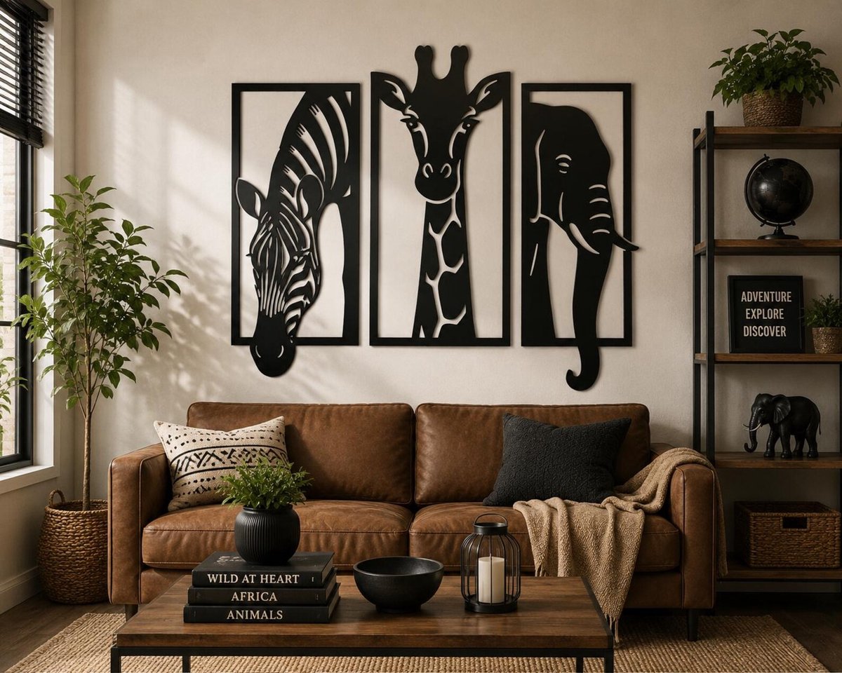 Wanddecoratie Safari Dieren 100x70 cm – Zebra, Giraf & Olifant – Moderne Zwarte Muurdecoratie voor Woonkamer