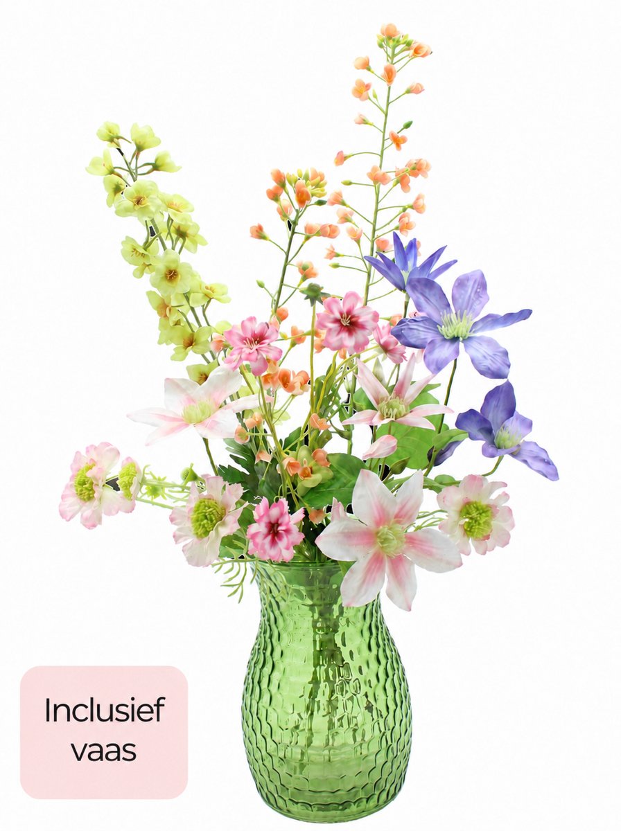Bloemenjunkie - Kunstbloemen - Inclusief Vaas - Zijden Bloemen Boeket - Veldboeket - Nepbloemen - 60cm hoog - 6 Stelen - Voorjaar