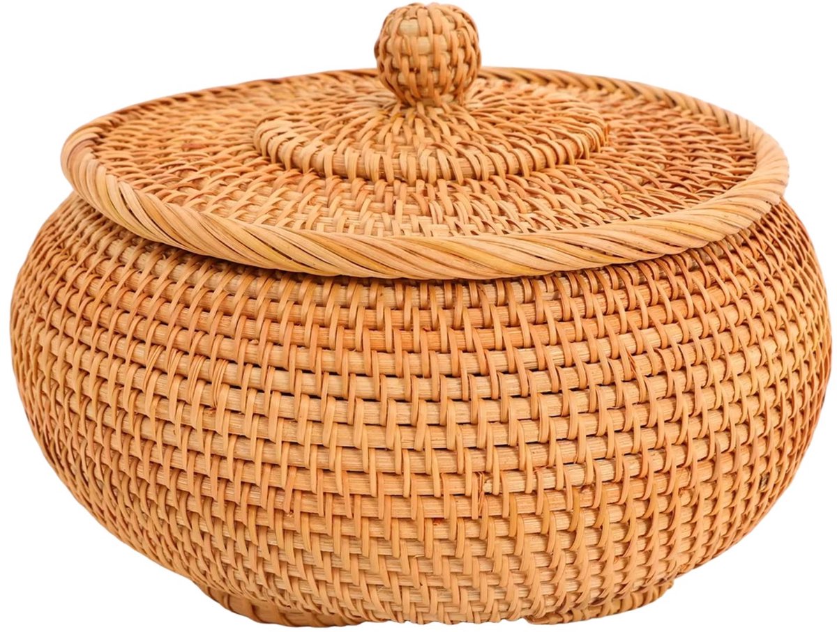 Rotan opbergdoos – Voor keukenorganisatie en opslag – Handgeweven opbergmand met deksel en ronde bovenhandgreep – Natuurlijke rotan kleur (beige/bruin tinten)