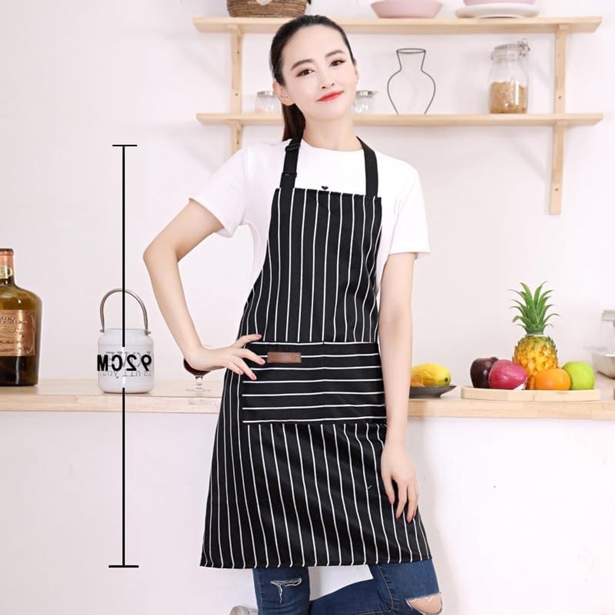 Keukenschorten voor dames, 2 stuks in katoenmix, gestreept design voor koken, tuinieren en knutselen, zwart en duurzaam
