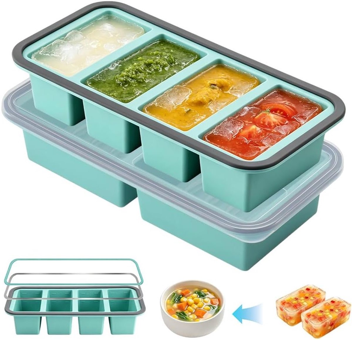 Siliconen vriesvorm met deksel voor soep en sauzen, 2000 ml, BPA-vrij, 2 stuks, ideaal voor invriezen en bewaren van voedsel