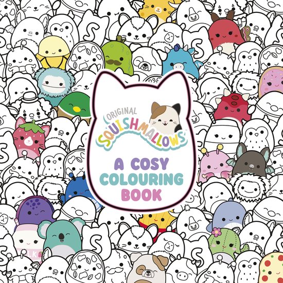 Origineel Squishmallows kleurboek met vrolijke personages in pastelkleuren en zwart-wit.