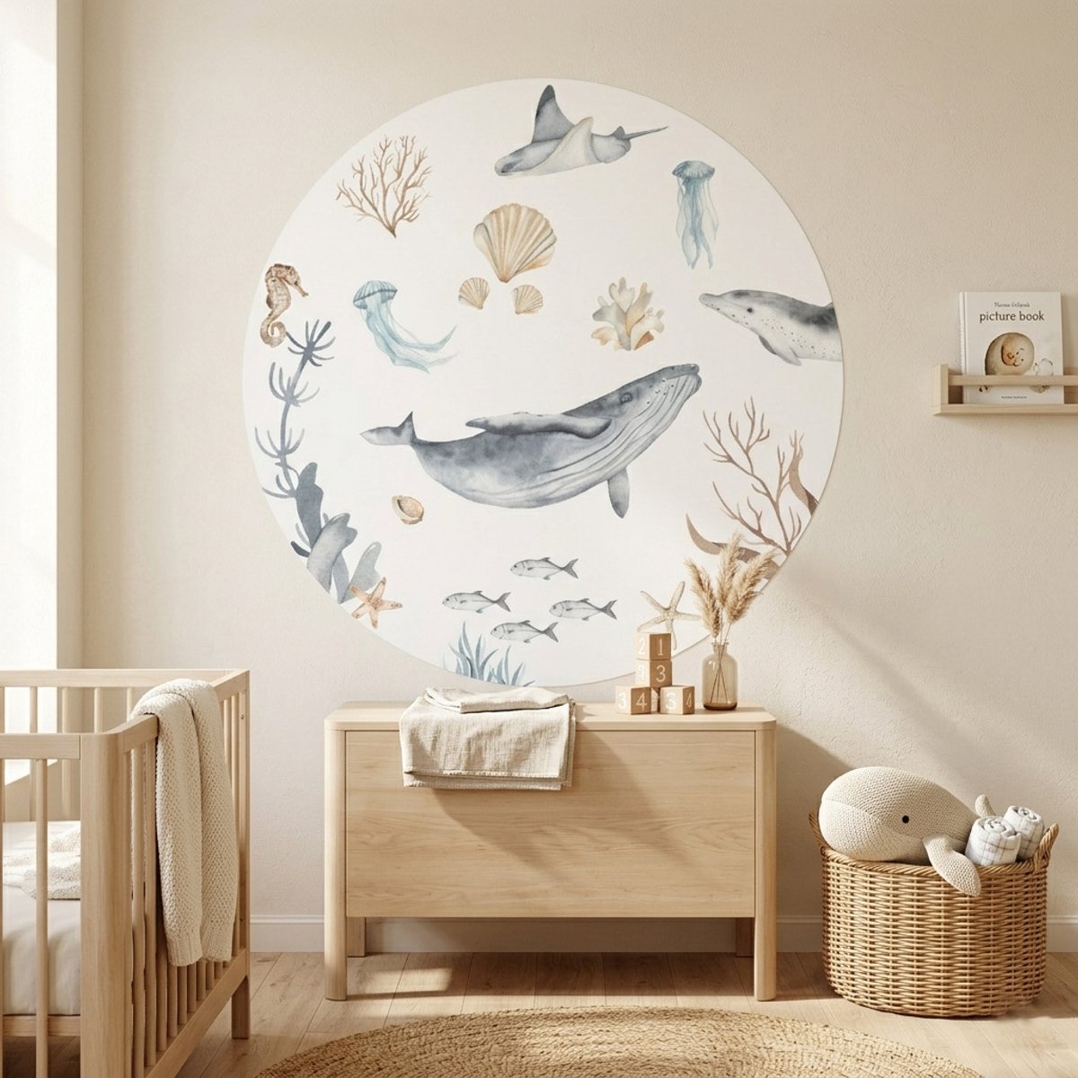 Muurcirkel zeedieren - walvis- muurstickers babykamer - kinderkamer - jongens - behangcirkel - 100cm sticker