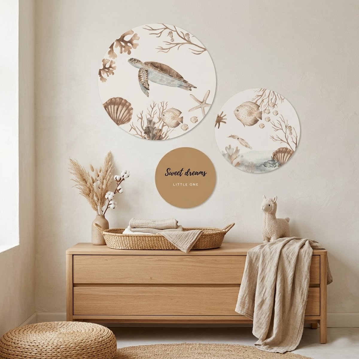 Muurcirkel zeedieren schildpad- babykamer decoratie - versiering - wandcirkel baby - set van 3 cirkels
