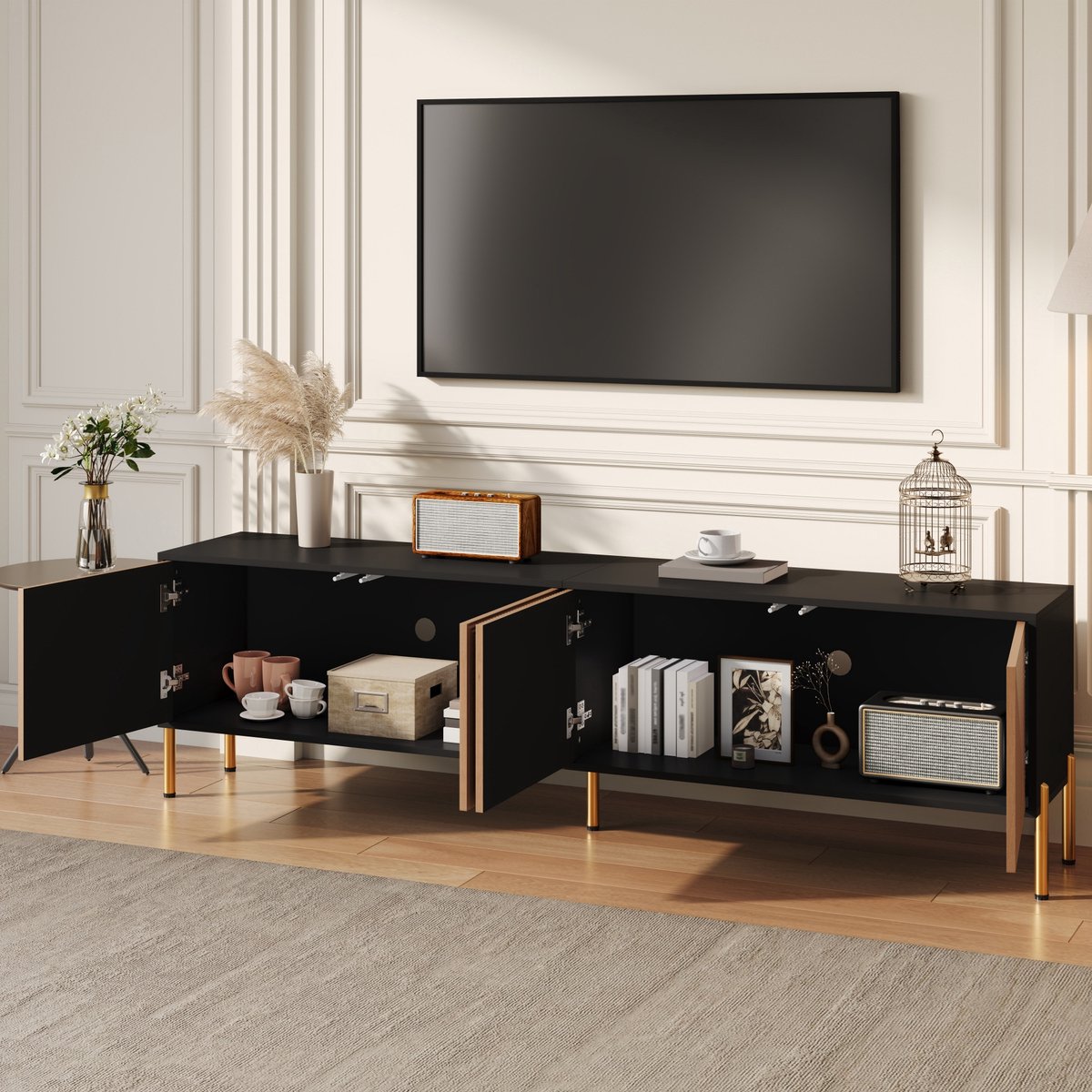 REDOM TV-Meubel - 3D-Structuur En Greeploos - Modern Minimalistisch - Woonkamer - Spaanplaat - Zwart En Naturel - 179 X 35 X 53,5 Cm Zwart+Natuurlijk