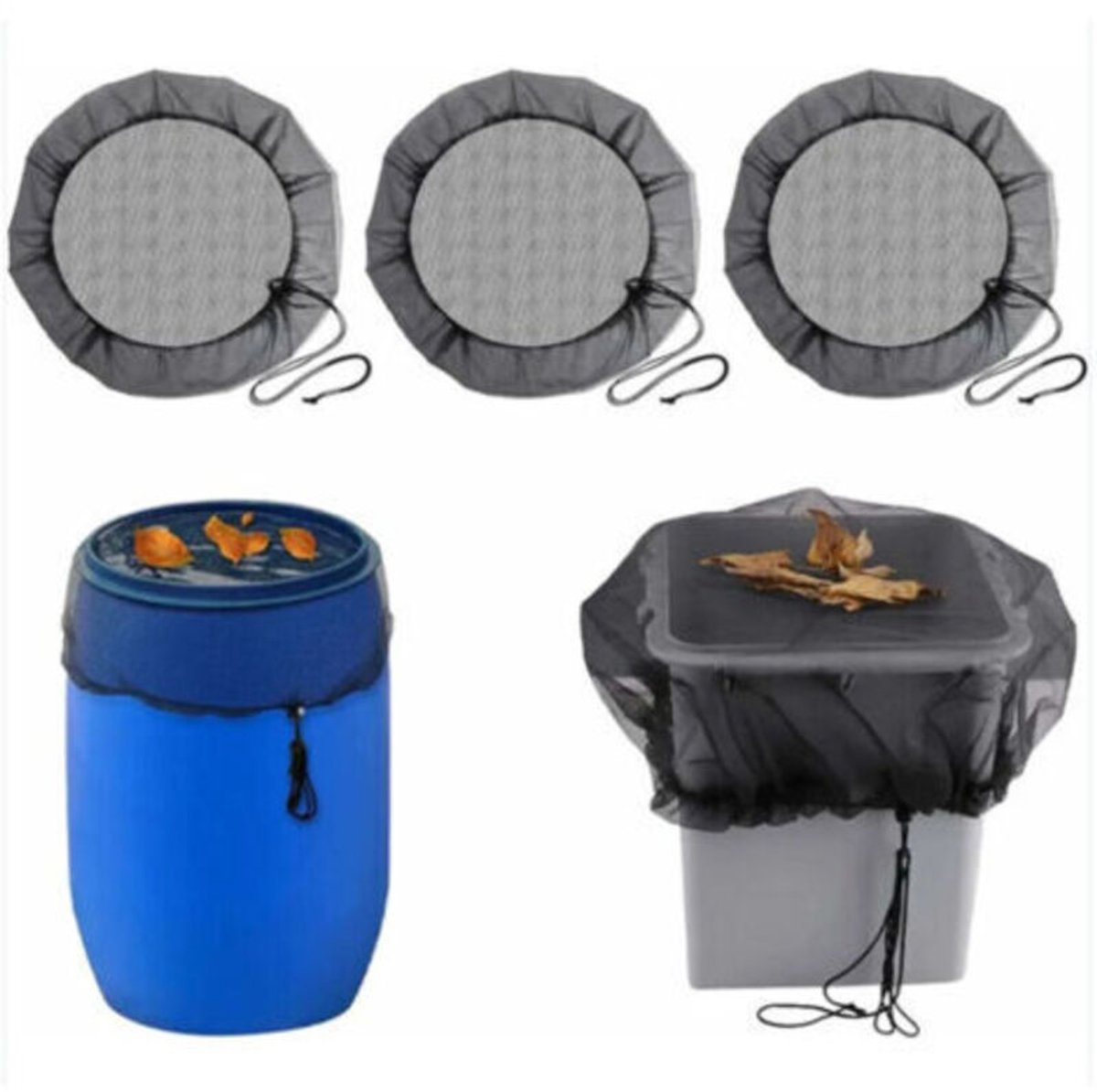 Driedelige set met beschermend net geschikt geschikt voor regenwatertank: beschermend net met trekkoord, verstelbare deksel en tankdeksel. Het net geschikt geschikt voorkomt dat bladeren en muggenlarven binnendringen - 80 cm diameter.