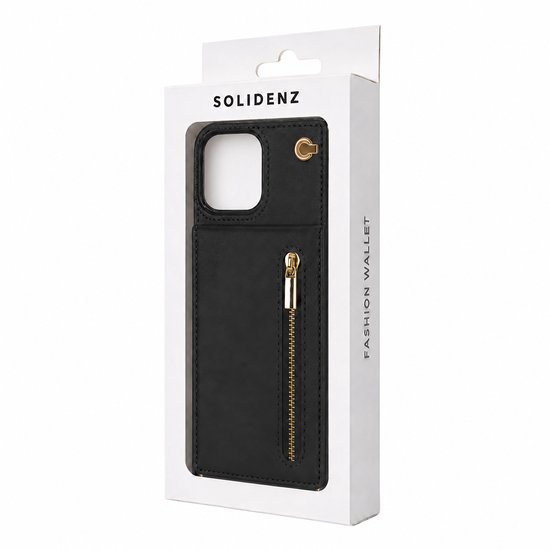 Zwart telefoonhoesje met ritsvak, in verpakking met "SOLiDenz FASHION WALLET".