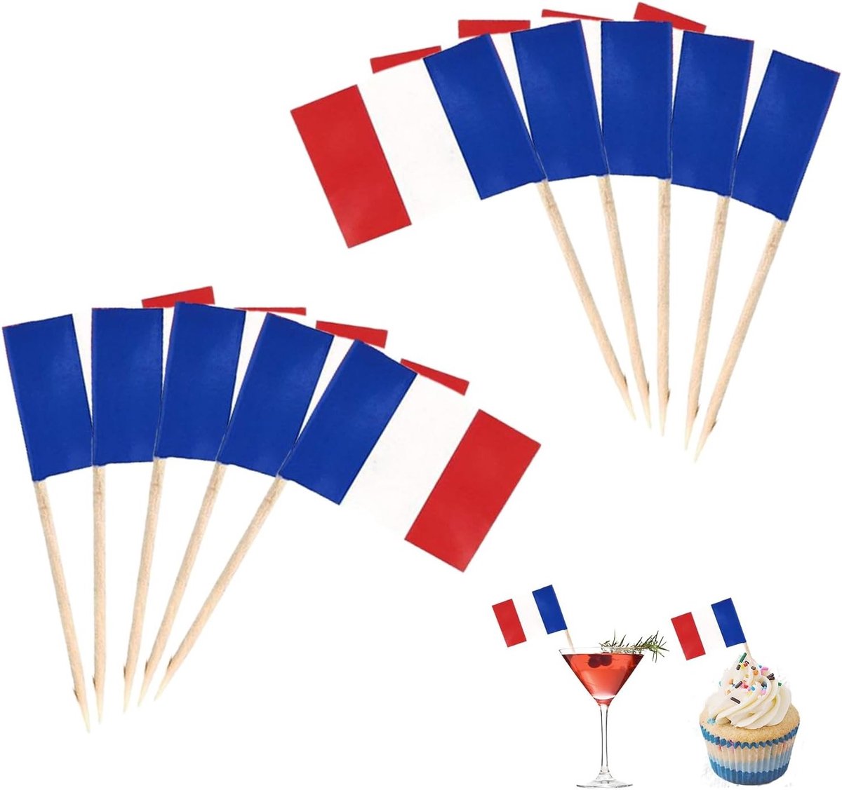 100 mini vlaggetjes voor cupcakes - Franse vlag cocktailprikkers voor feesten, voetbal en evenementen
