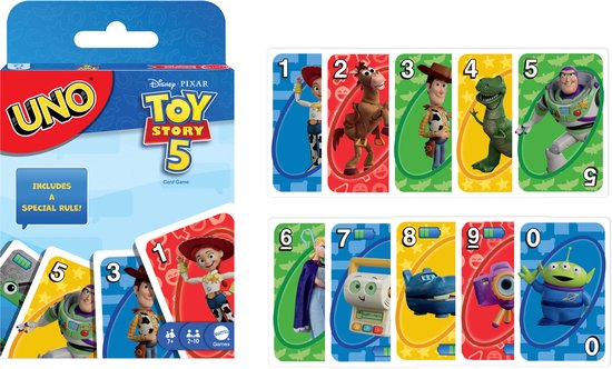 UNO Toy Story 5 kaartspel met afbeeldingen van Buzz Lightyear, Woody, Jessie, Rex, Slinky en Lotso.