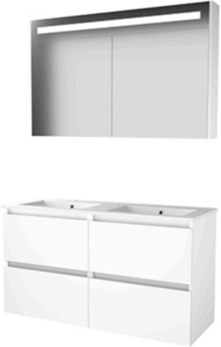 Basic-Line Premium 46 Badkamermeubelset - 120 x 46 cm - Greeploos - 4 Lades - Keramische Wastafel - 2 Kraangaten - Spiegelkast met LED Verlichting - Ice White