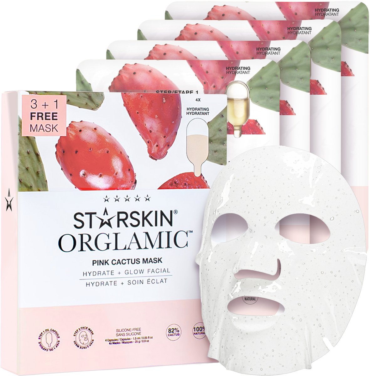 STARSKIN® Orglamic Pink Cactus 2-Stappen (3+1) – Gezichtsmasker / Sheet Mask – Hydraterend, Verstevigend & Revitaliserend – Korean Skincare voor alle huidtypen met Serum van Cactus- & Camelia-olie, Shea Butter & Ginseng