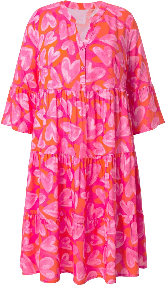 MIAMODA - Dames - Midi-jurk A-lijn hartmotief 3/4-mouw met volant - Roze - Maat 52