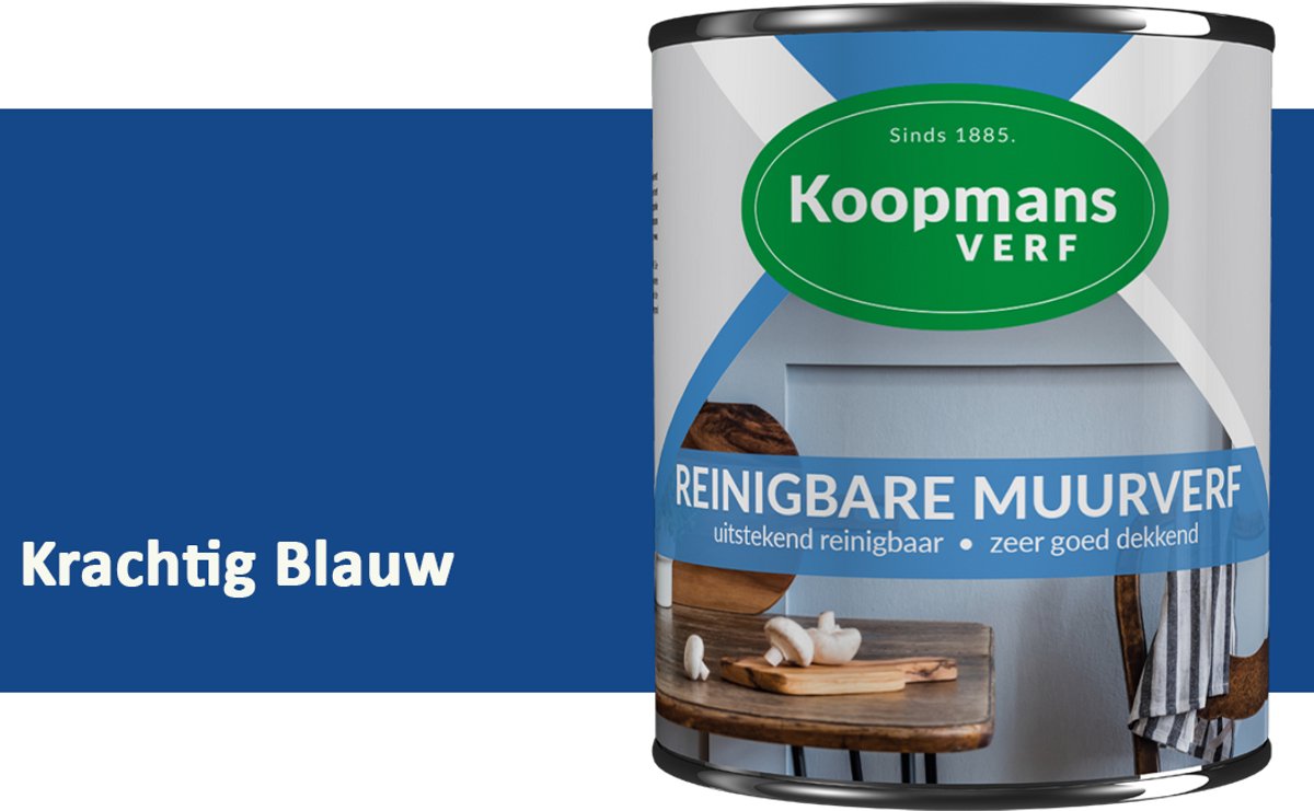 Koopmans Reinigbare Muurverf – Afwasbare Schrobvaste Muurverf Binnen – Mat – Voor Keuken, Woonkamer & Kinderkamer – Krachtig Blauw – 7,5 l