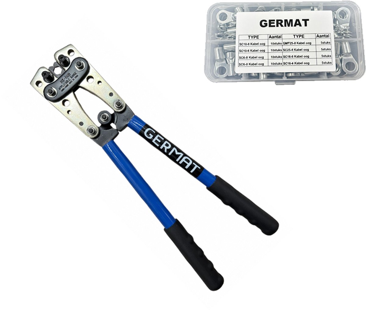 Germat Krimptang 6-50mm + Kabelogen Set 60 Delig – Kabelschoen Tang – Kabelogen van Vertind Koper – Voor Accu, Omvormer, Zonnepanelen & Auto