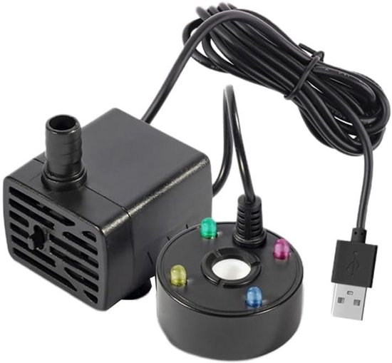 5V vernevelende luchtbevochtiger met een instelbare waterpomp van 120 liter per uur en gekleurde ledverlichting, geschikt voor binnenvijvers, aquariums, vazen en fonteinen (zwart).