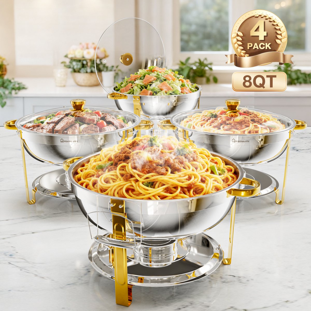 WARMOUNTS Chafing Dish Set 4-delig Goud 7,6L Roestvrijstalen Buffet Warmhouders Rond met Glazen Deksel voor Feest, Bruiloft en Catering