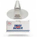 RVS smash burger pers met 'SMASH BURGER MASTER' tekst, boven een verpakking met 'SMASH BURGER PRESS' logo.