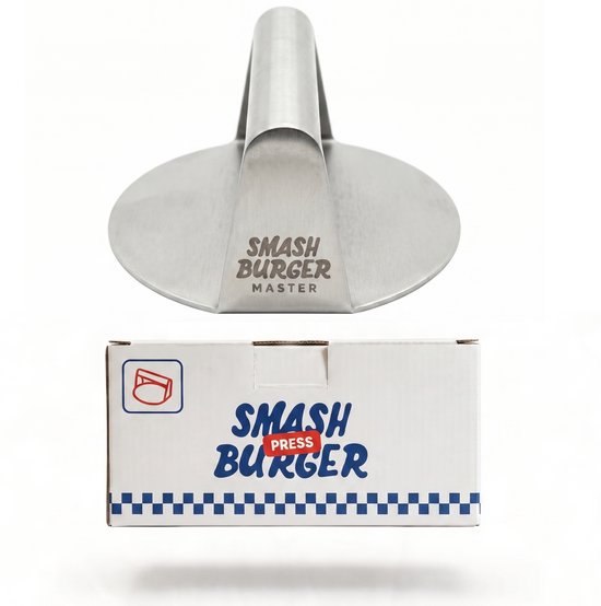 RVS smash burger pers met 'SMASH BURGER MASTER' tekst, boven een verpakking met 'SMASH BURGER PRESS' logo.