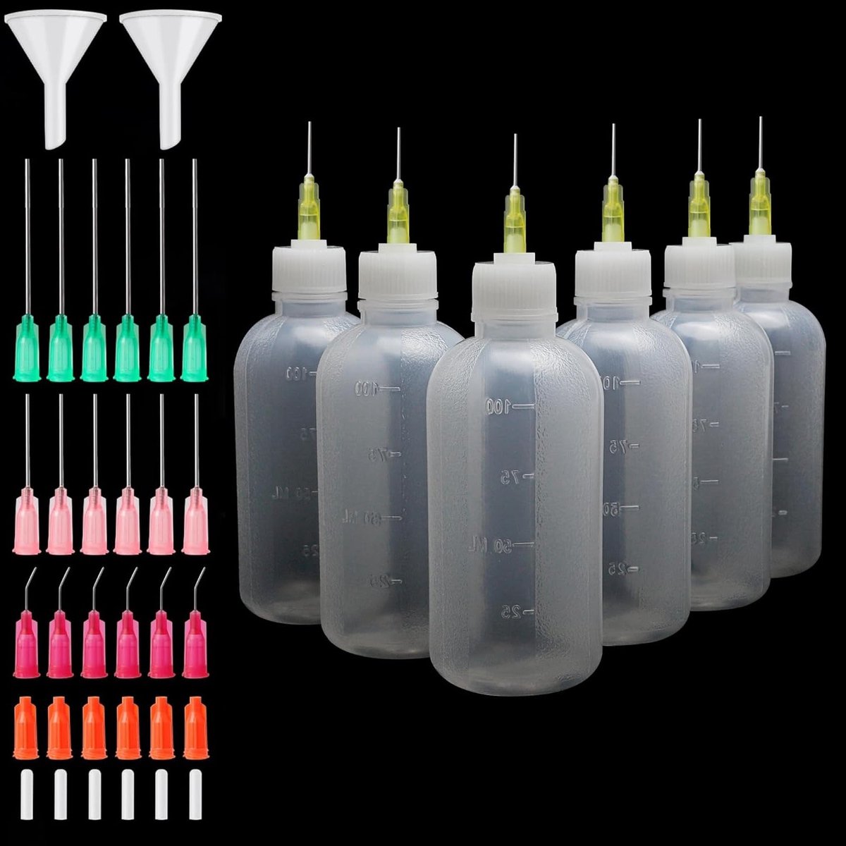 Set van 6 Precisie Naaldflessen van 100ml voor Vloeistoffen, Lijm en Acrylverf - Ideaal voor Nauwkeurige Toepassingen en Hobbyprojecten