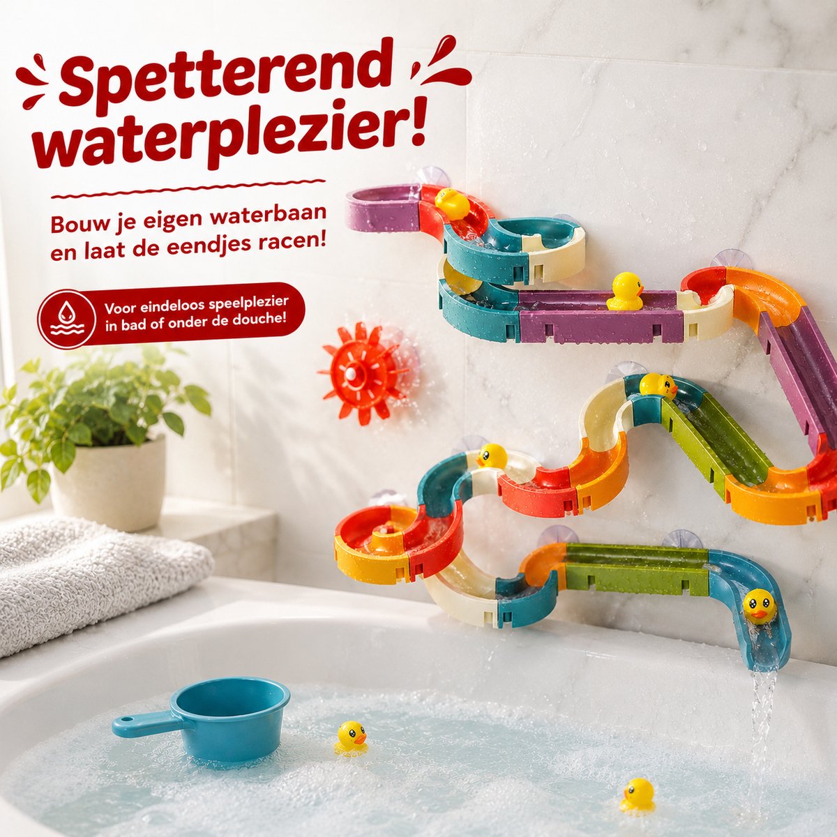 ZoeZo Design - Badspeelgoed - Waterval Glijbaan voor Baby's & Peuters - Water Knikkerbaan Speelset - 48-delig - Bad Montageset met Eendjes - Kinderen - Kinderspel - Waterglijbaan — afbeelding 7
