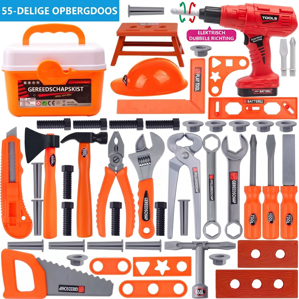 Sogiol® Gereedschapsset - Speelgoed - 55-Delig Speelgoed Gereedschap voor Kinderen - Inclusief Gereedschapskist & Speelgoed Boormachine - Constructie Speelset - 3+ jaar
