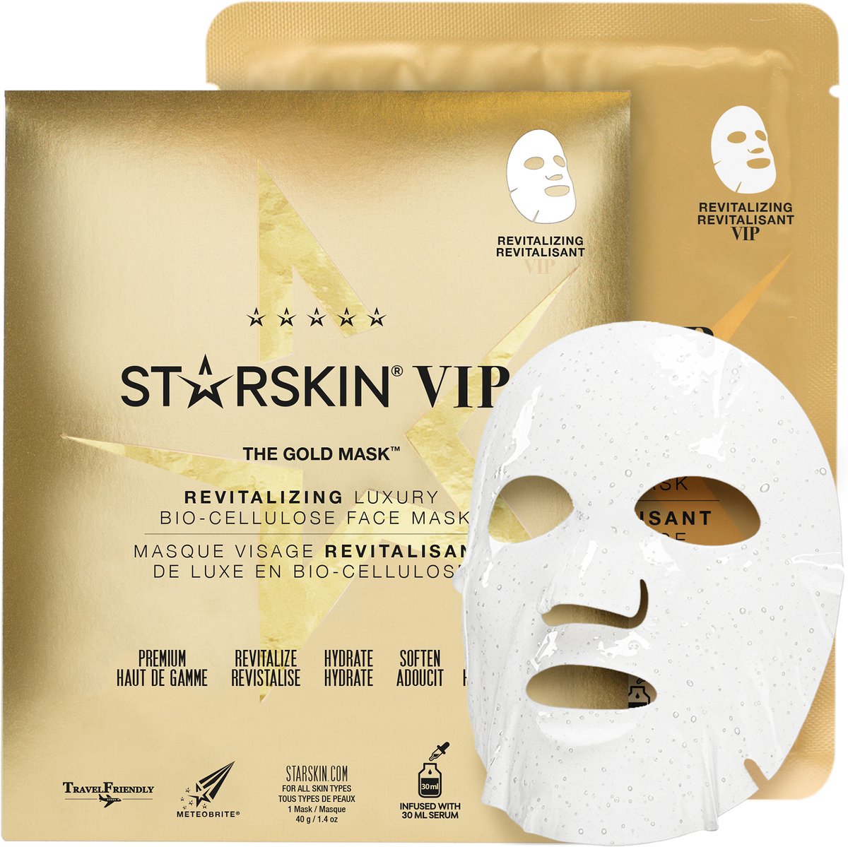 STARSKIN® The Gold – Gezichtsmasker / Sheet Mask – Revitaliserend, Verstevigend & Anti-Aging – Korean Skincare voor alle huidtypen met Serum van Teunisbloem (56%), Immunogoud, Adenosine, Ginkgo & Kudzuwortel
