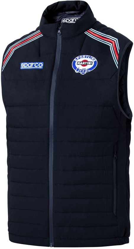 Gilet Sparco bleu marine avec logo Sparco sur la poitrine et écusson Martini Racing.