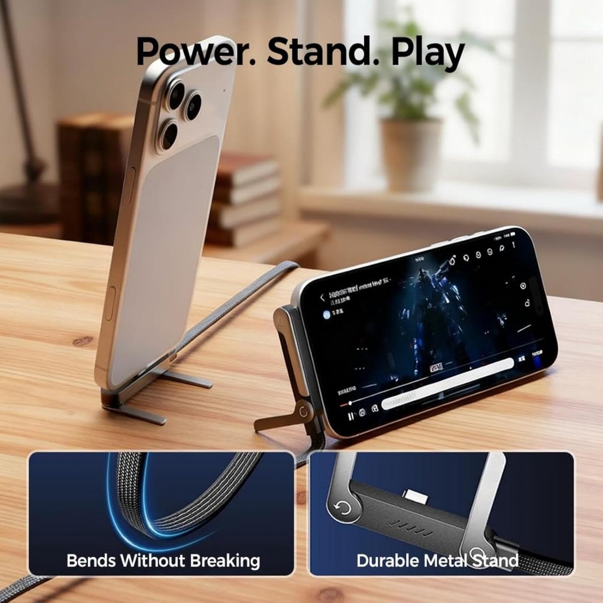 2-in-1 oplaadkabel met standaard en telefoonhouder, 240 W snel opladen, 1,5 m USB-C-kabel voor smartphone en inklapbare staande oplaadkabel met geïntegreerde standaard voor bureau