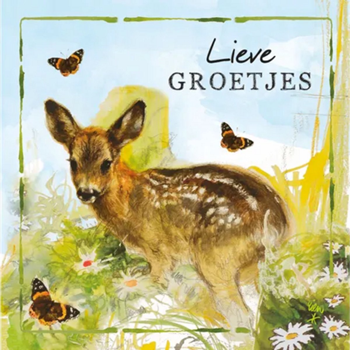 Rien Poortvliet Wenskaart Lieve GROETJES – Jong Hertje – 13,5 x 13,5 cm