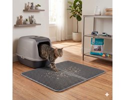CenZ® Kattenbakmat, XXL, 80 x 60 cm, Kattenbakmat Grit Opvanger, Kattenbakonderlegger, LEREN ZOOL, Dubbellaags, Urine En Waterdicht EVA-Materiaal, Kattenpootdesign, Beschermt Vloer En Tapijt, Gemakkelijk Te Reinigen, Grijs