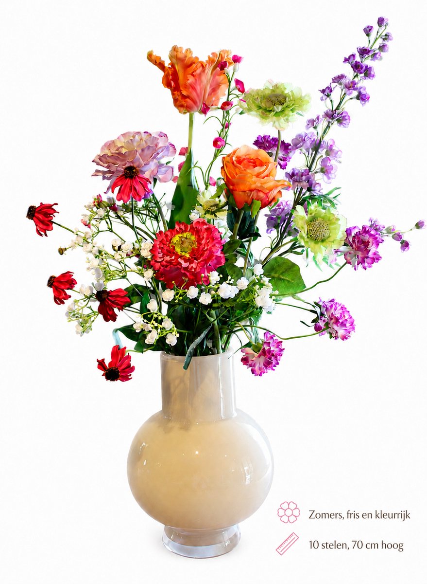 Bloemenjunkie - Kunstbloemen - Zijden Bloemen Boeket - Veldboeket - 70 cm hoog - 10 Stelen - vrolijke zomer - Pioenroos - Anemoon - Clematis - Cosmea - Lente - Voorjaar - Nepbloemen