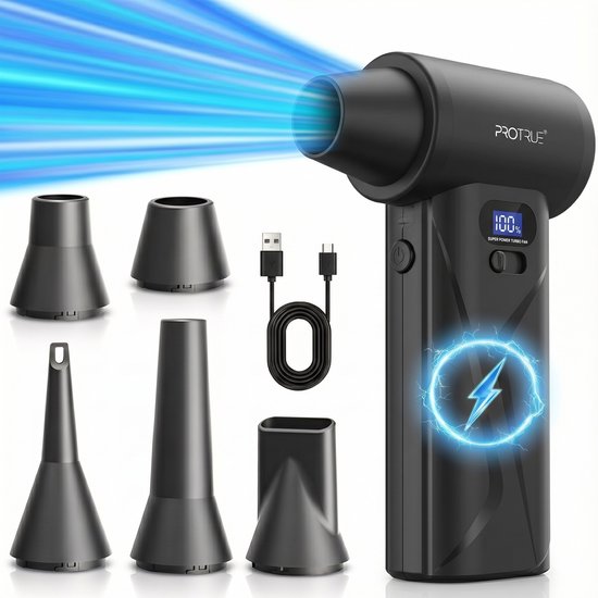 Zwarte ProTrue luchtduster met een bundel blauwe lucht, verschillende opzetstukken en een USB-kabel.