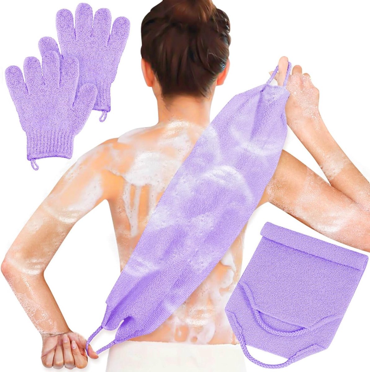 Exfoliërende Badhandschoenen Set voor het Lichaam, Douchetowel met Scrubhandschoenen, Rugreiniger voor Dode Huid Verwijderen en Zachte Peeling (Paars)