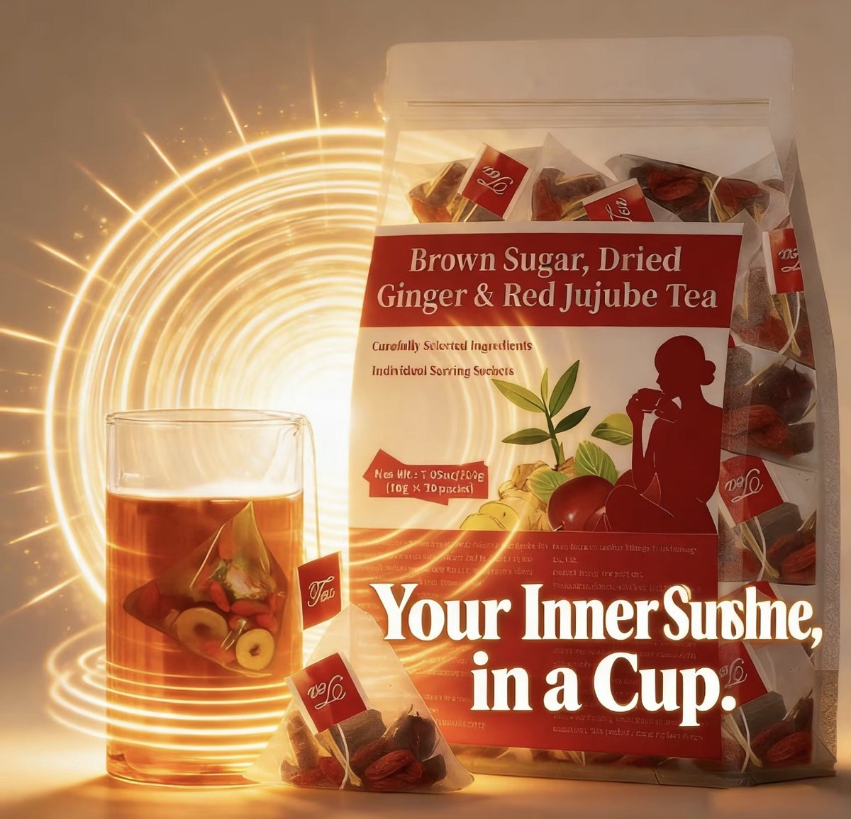 Premium Bruine Suiker, Gember & Rode Dadel Thee - Verwarmend & Vitaliserend - 20 Luxe Sachets - 200g - Natuurlijke Ingrediënten