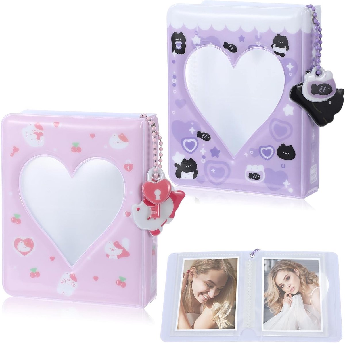 Kpop Foto Kaarten Album met 36 Compartimenten en 5 Schattige Decoraties voor Standaard Foto's, Mini Foto Album met Hartvormige Pendants