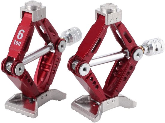 Twee rode schaarkrikken met een zilveren schroefmechanisme. Op de linker krik staat '6 ton'.