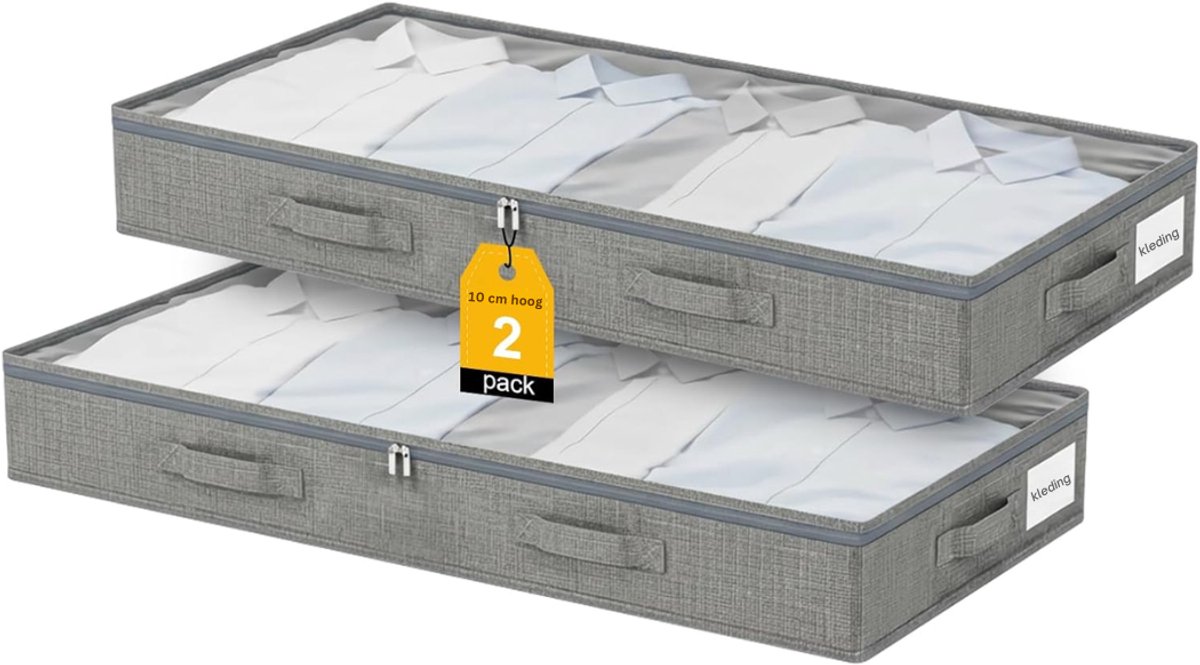 HEZIVO® Opbergbox onder Bed - Opbergtas - Slaapkamer Organizer - Met Ritssluiting - 2 Stuks - Grijs