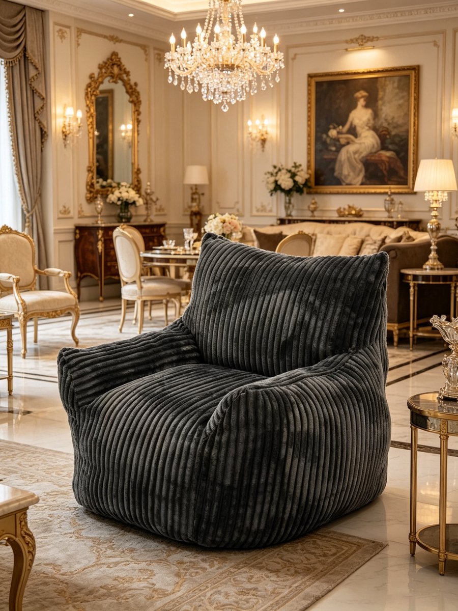 Donkerblauw pluche zitzak met armleuningen knusse luie stoel met zacht gevoel voor ultiem comfort te gebruiken als zitzak vloerbank of loungestoel mooie fauteuil voor woonkamer of slaapkamer