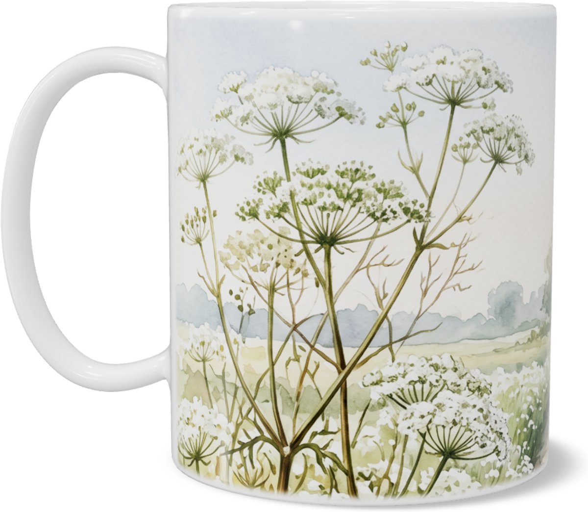 Mok Fluitenkruid en Boerderij - Aquarel Natuur Landschap - Botanisch Design