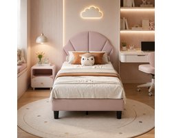 Eenpersoonsbed 90x200 cm, met verstelbaar hoofdeinde, kinderbed, tienerbed, lattenbodem, prinsessenbed, meisjesbed 90x200, fluweel, Lichtroze